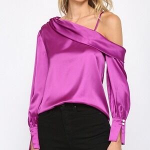 Fate Magenta Satin Asymmetric One Shoulder Blouse Pearl Button Cuffs Small NWT